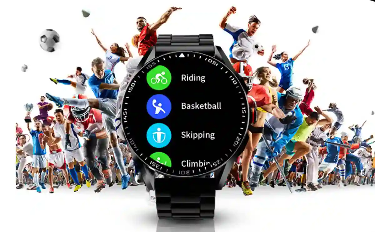A smartwatch with an AMOLED display tracking heart rate, SpO2, and ECG health metrics